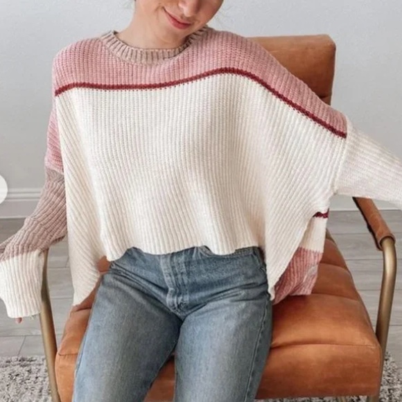 Shop Neighbor Striped Croped Sweater - Pink, Red, White - Size L - Side Slits - Picture 1 of 9